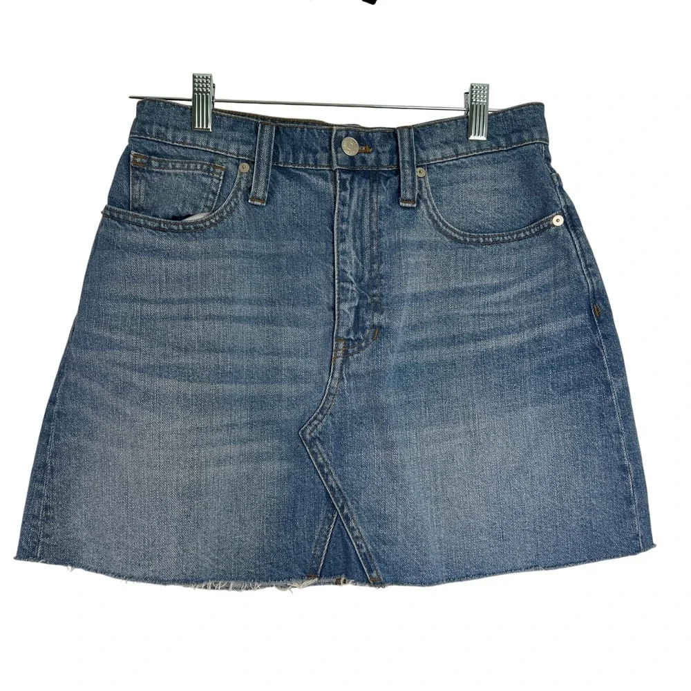 Madewell Womens 27 Blue Denim Mini Skirt Raw Hem 100% Cotton Minimalist y2k 90s